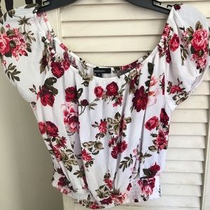 Off the shoulder, cropped white and flowered top
